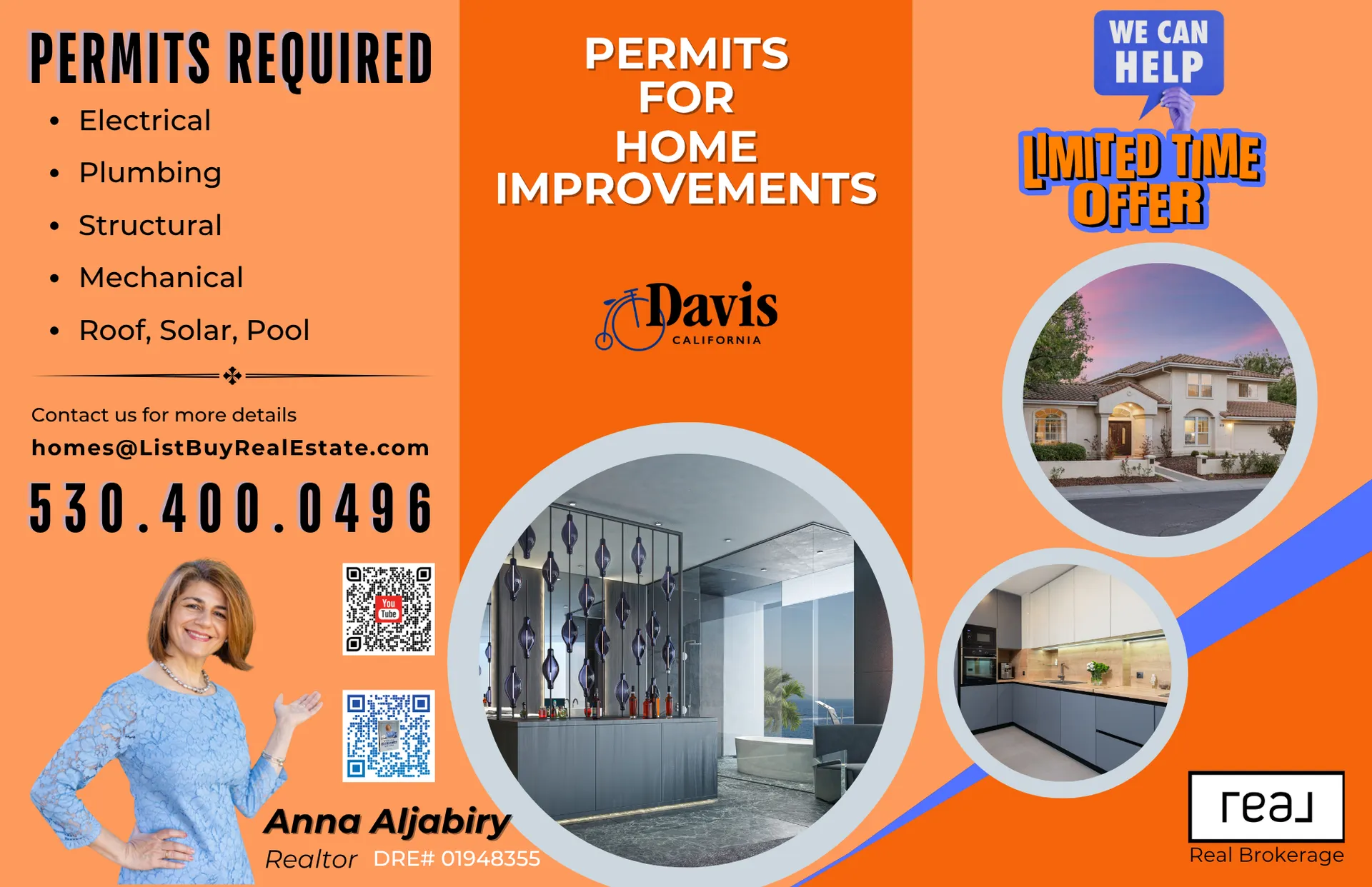 Permits required for electrical, plumbing, structural, mechanical, and roof, solar or pool work in Davis, California. Anna Aljabiry, Realtor, DRE number 01948355, Real Brokerage. Contact homes@ListBuyRealEstate.com or 530.400.0496 for help with permits for home improvements.