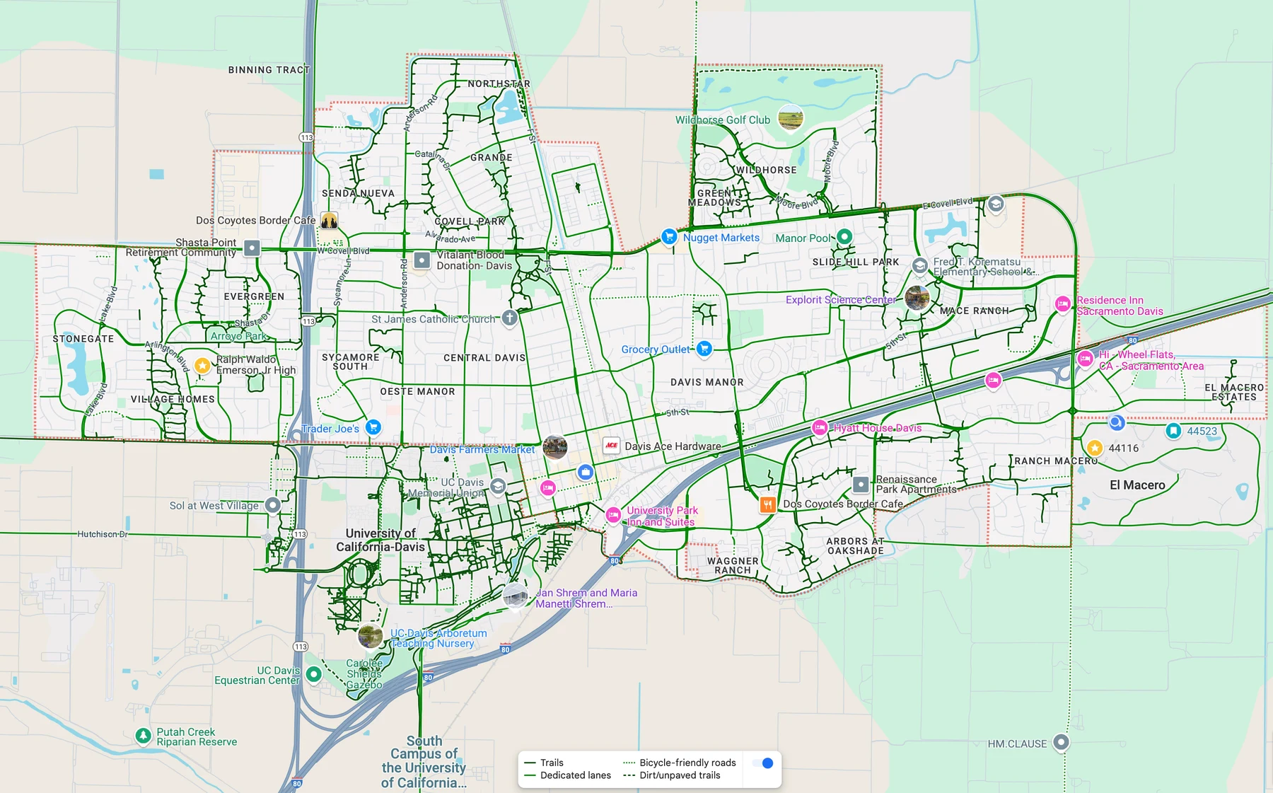 Map of Davis, CA bike routes and greenbelt paths
